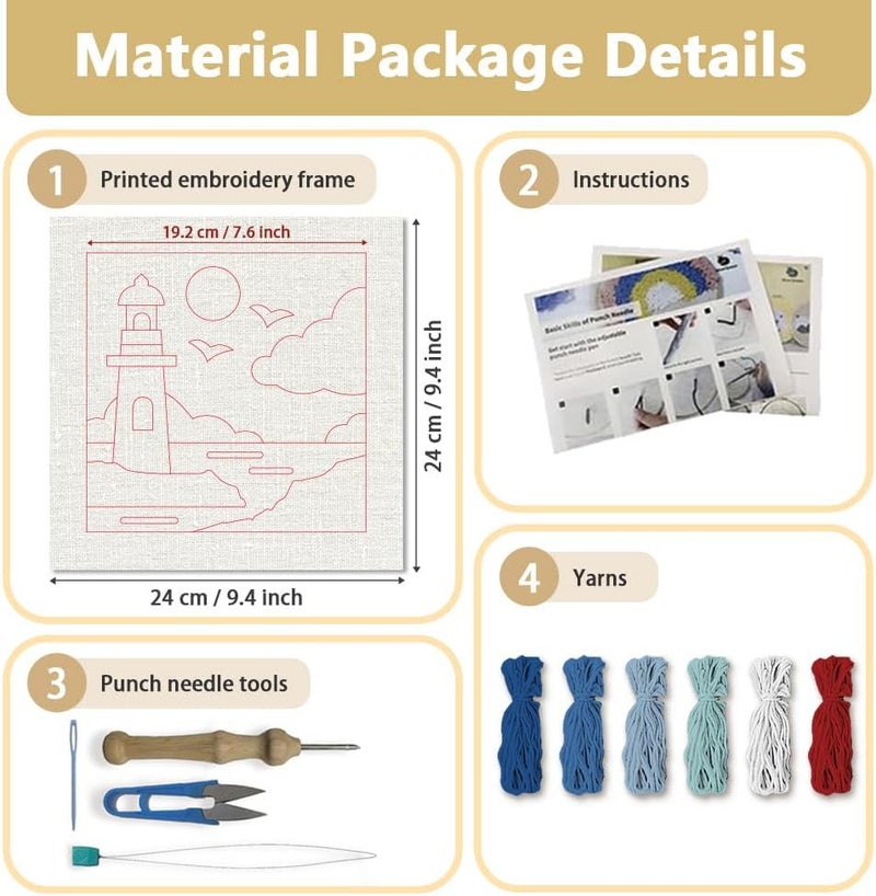 DOODLREAM Lighthouse DIY Punch Needle Embroidery Kit for Adult Beginner, 9.4" Sea Building Punch Stitching Craft Set for Starter with Frame, Fabric Pattern, Threader, Yarn, Pinch Needle - Image 2